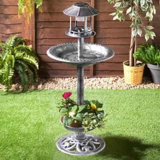 4-in-1 Bird Bath With Planter & Solar Light - Pewter - Image 2