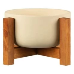 B&M Cream Planter On Wooden Stand